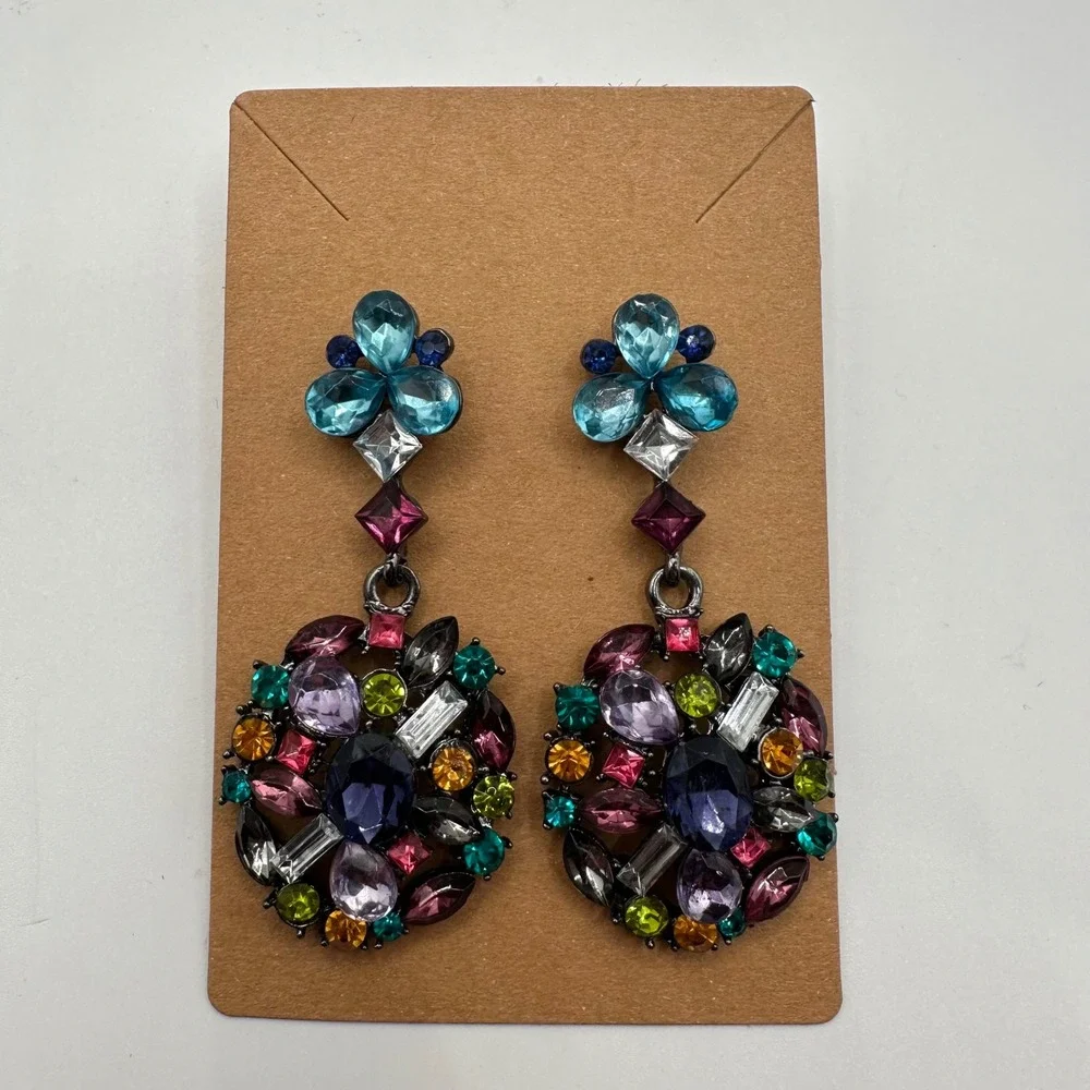 VTG Multi Color Rhinestone Statement Drop Earrings Gunmetal Tone Jewel Cluster